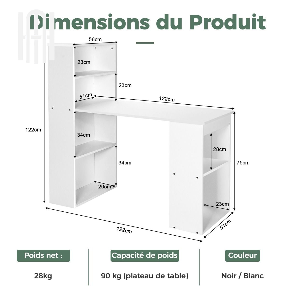 Bureau Réversible Moderne avec Étagères Intégrées à 6 Niveaux