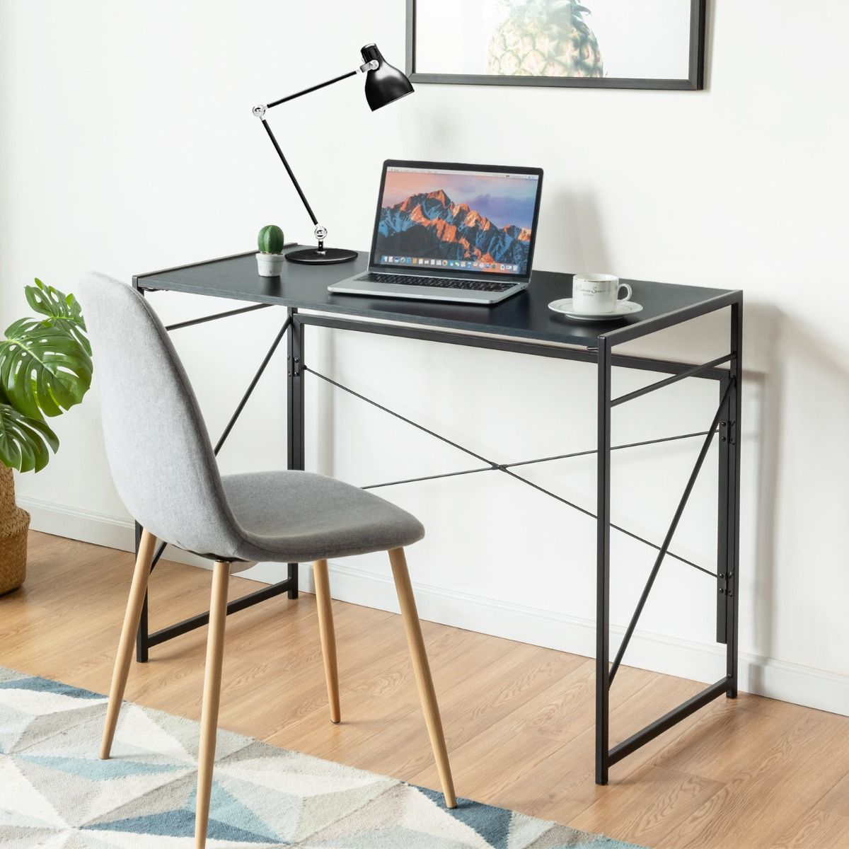 Bureau d’Ordinateur Pliant avec Cadre Métallique et Crochets Intégrés