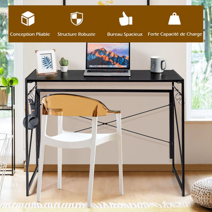 Bureau d’Ordinateur Pliant avec Cadre Métallique et Crochets Intégrés