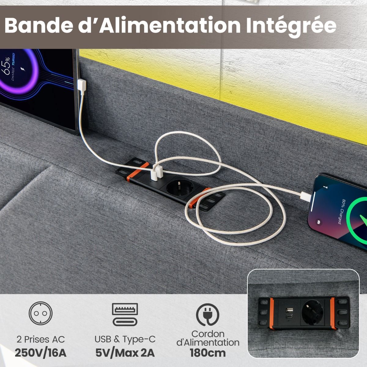 Lit 140x200 LED avec Rangement Intégré