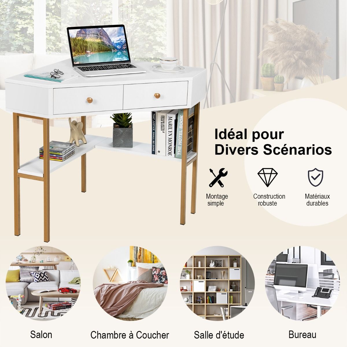 Bureau d’Angle Élégant avec 2 Tiroirs & Étagères