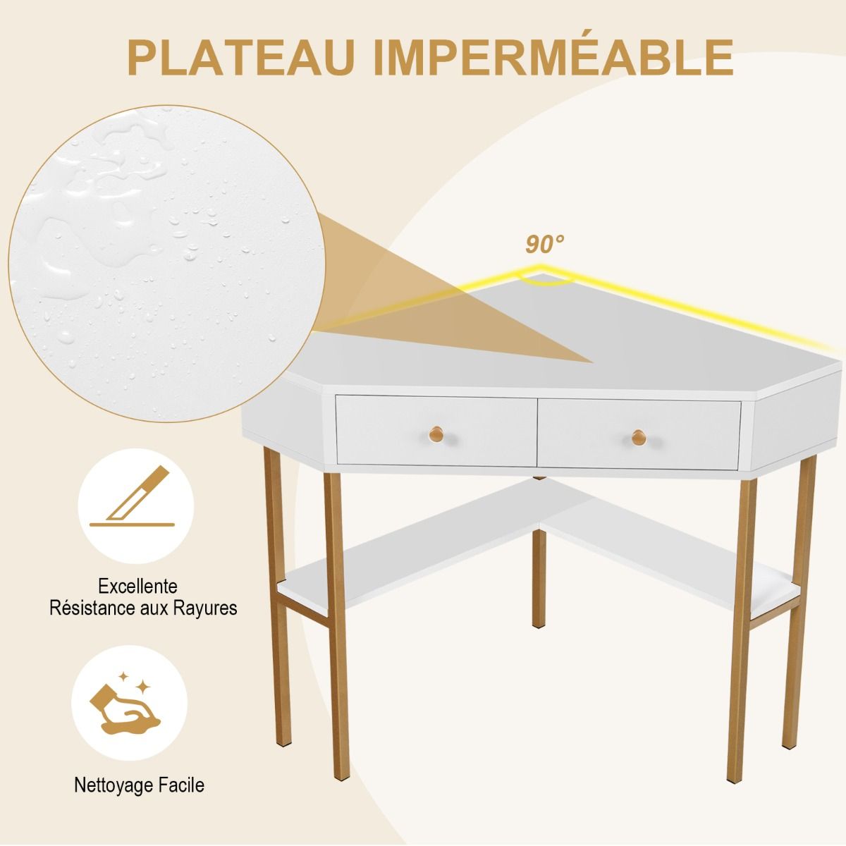 Bureau d’Angle Élégant avec 2 Tiroirs & Étagères