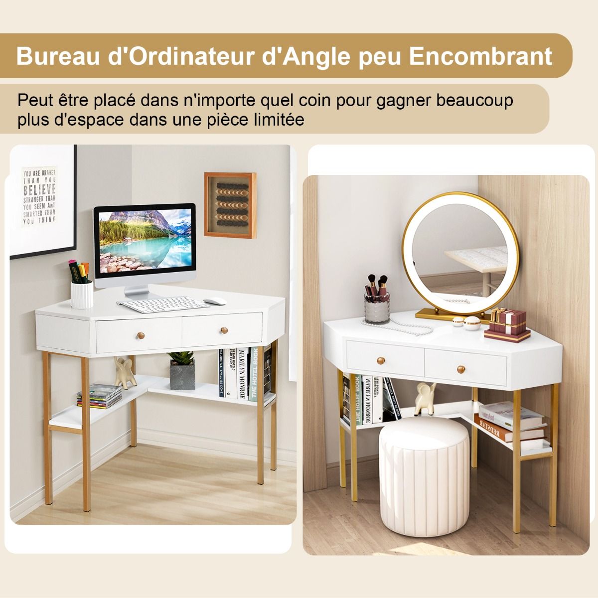 Bureau d’Angle Élégant avec 2 Tiroirs & Étagères