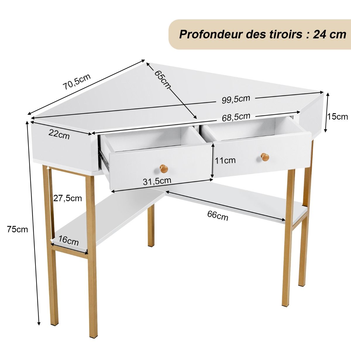 Bureau d’Angle Élégant avec 2 Tiroirs & Étagères