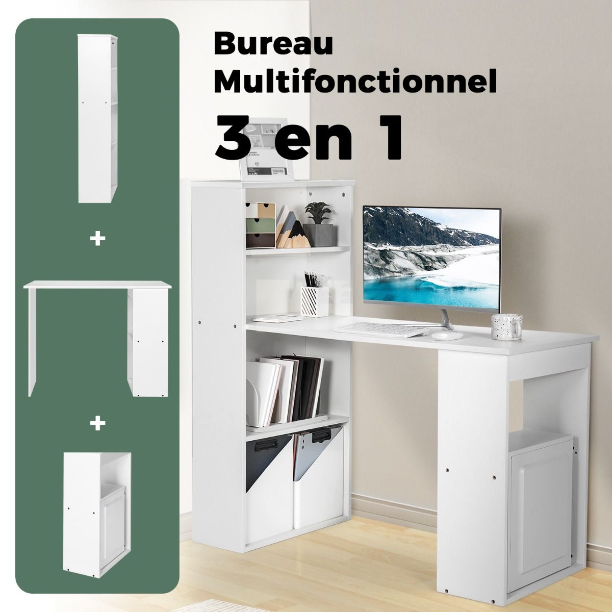 Bureau Réversible Moderne avec Étagères Intégrées à 6 Niveaux