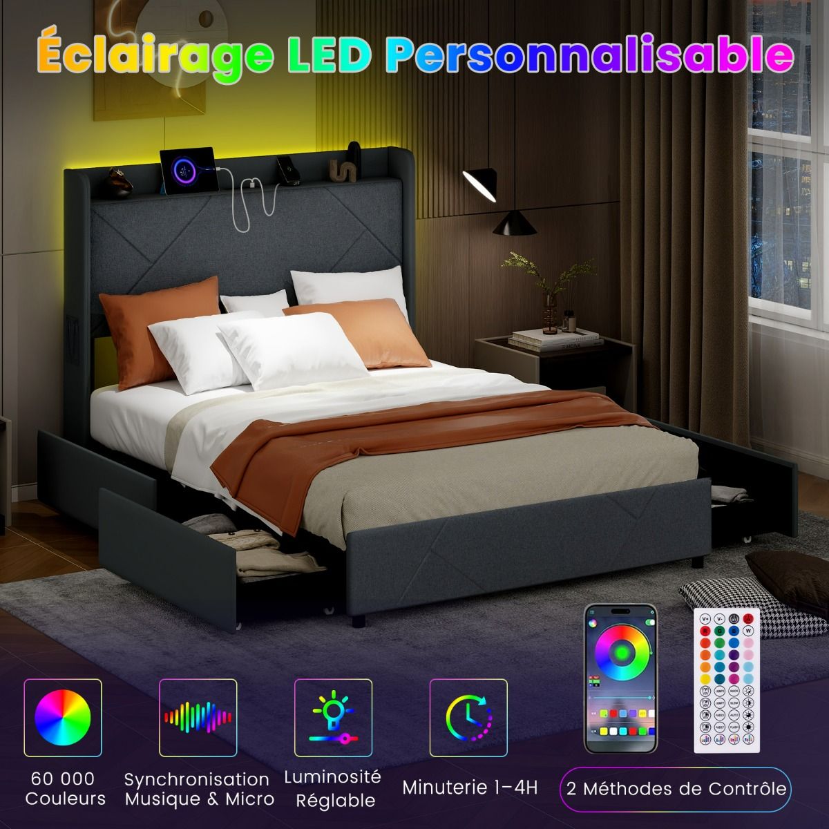 Lit 140x200 LED avec Rangement Intégré