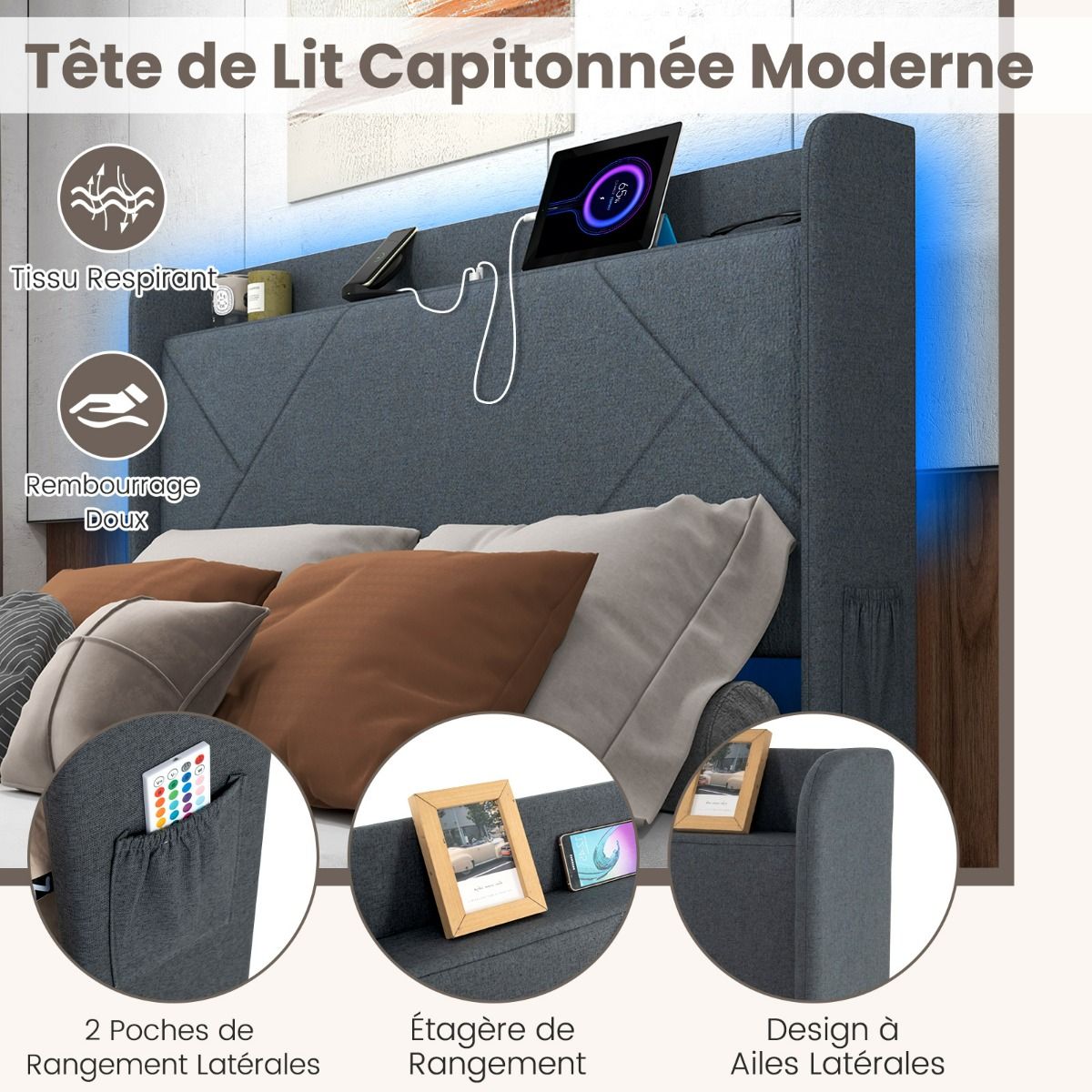 Lit 140x200 LED avec Rangement Intégré