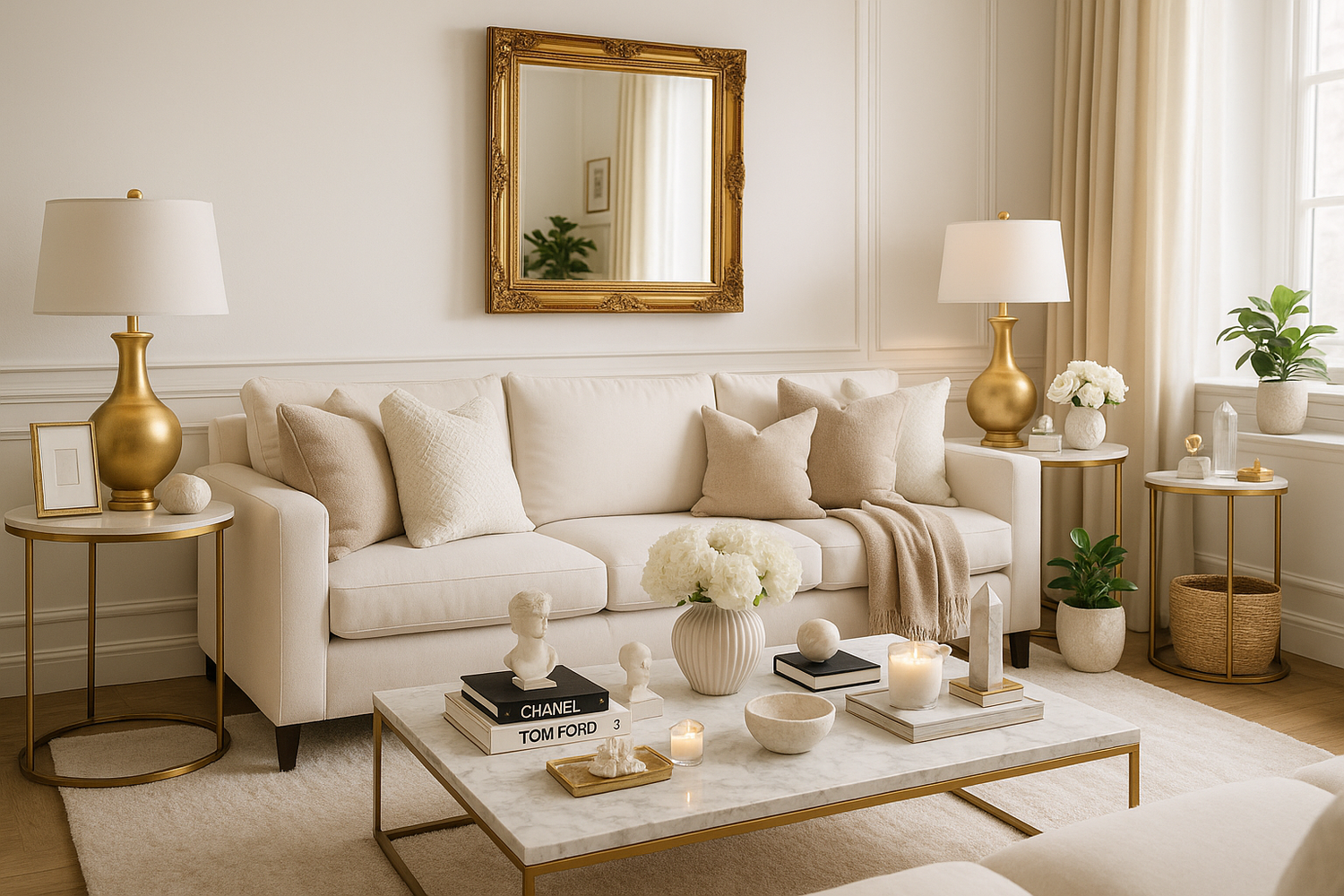 i want  realistic high quality image of a nice decored warm and cozy but chic and luxurious living room interior with bunch of chic cozy decor items with LIGHT COLORS a lot of white and some beige and gold and a lil bit of black and A LOOOT OF ITEMS AND HOME ITEMS AND DECORS