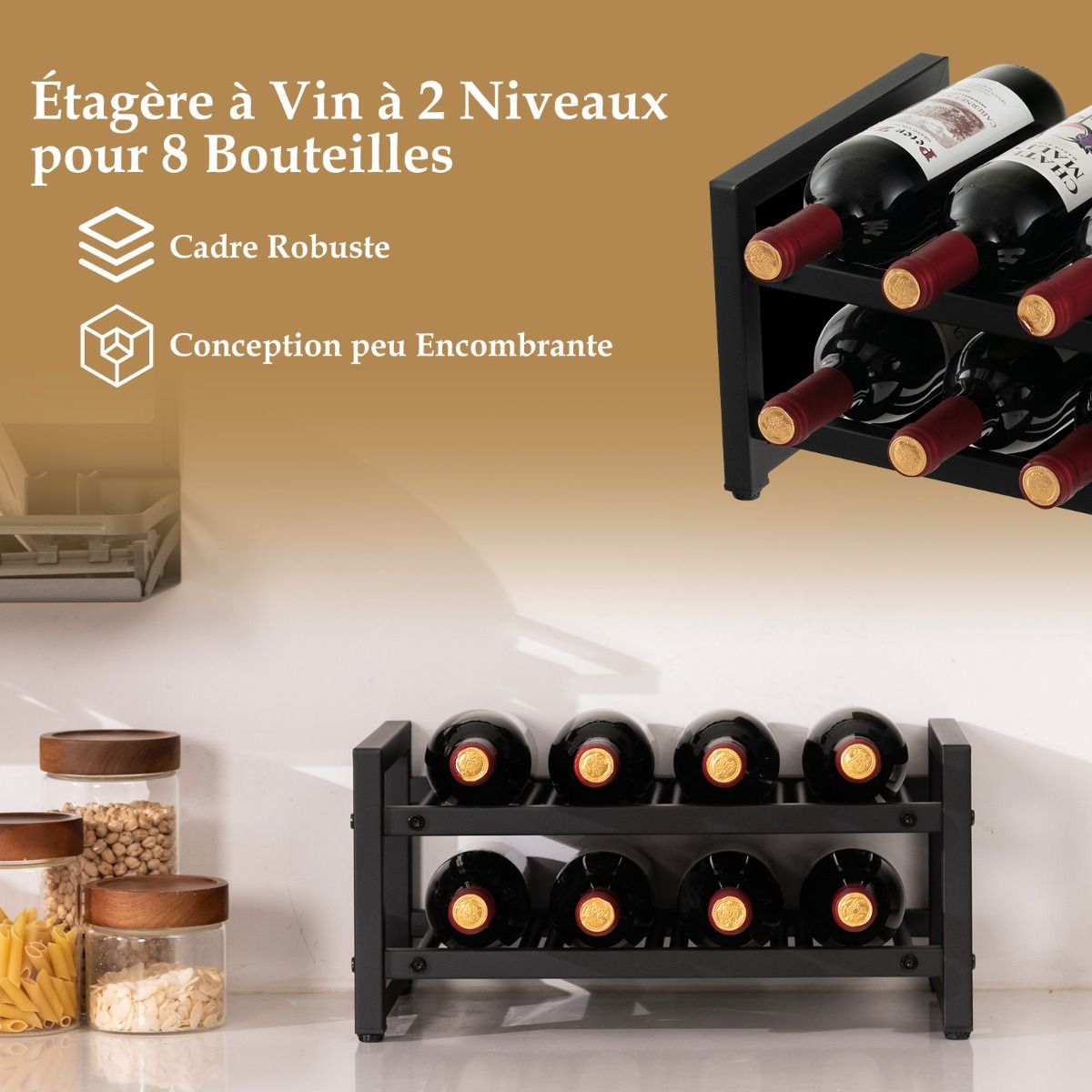 Casier à Vin Métal Noir Chic Élégant pour 8 Bouteilles