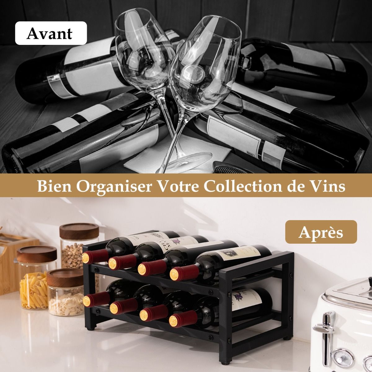 Casier à Vin Métal Noir Chic Élégant pour 8 Bouteilles