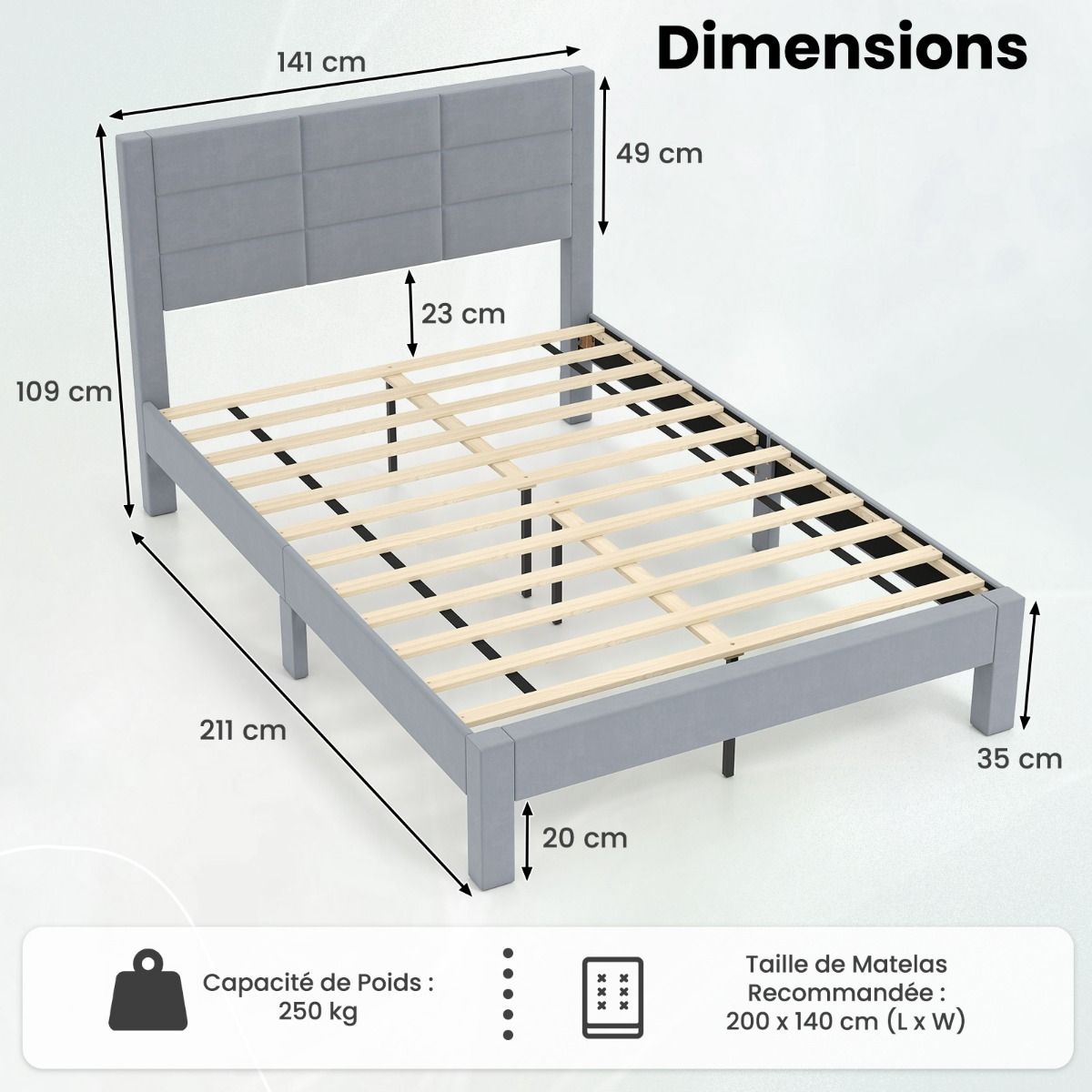 Lit Double Rembourré en Velours 200x140 cm avec Rangement et Pieds Robust