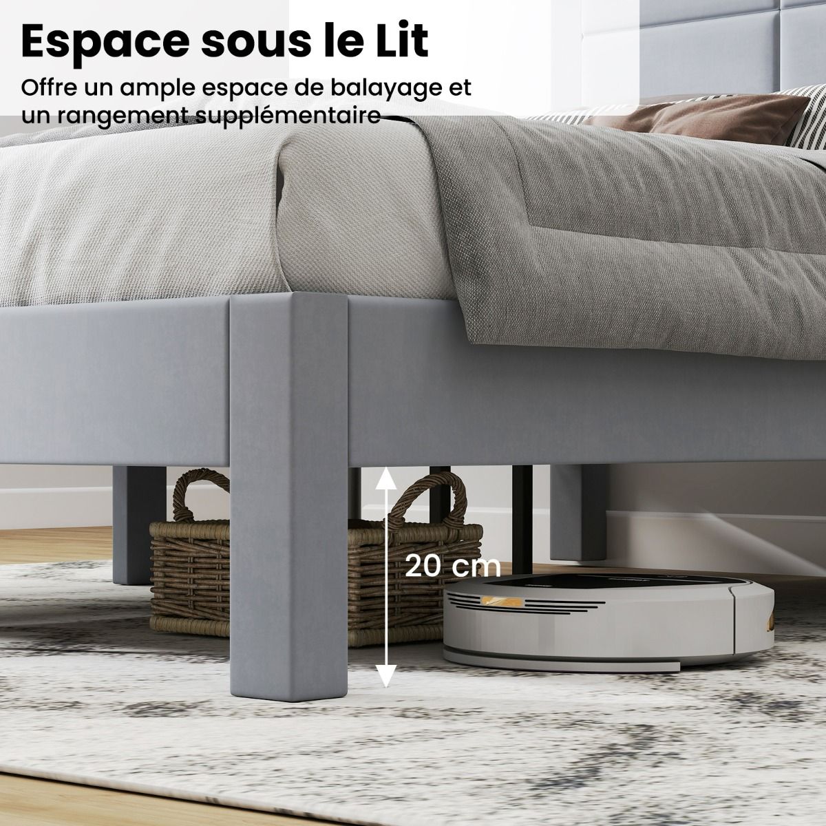 Lit Double Rembourré en Velours 200x140 cm avec Rangement et Pieds Robust