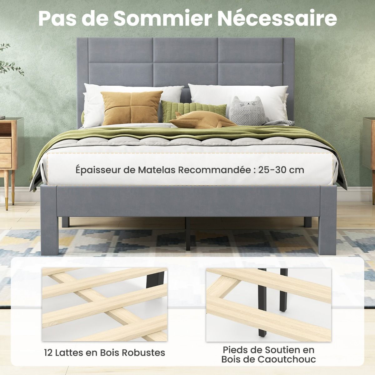 Lit Double Rembourré en Velours 200x140 cm avec Rangement et Pieds Robust