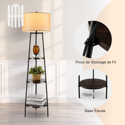 Lampadaire Moderne 3 Étagères avec Abat-jour en Lin
