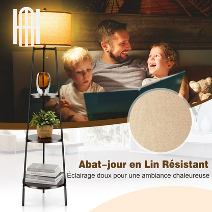 Lampadaire Moderne 3 Étagères avec Abat-jour en Lin