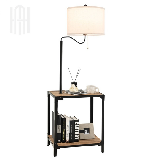 Lampadaire LED 2-en-1 avec Table d’Appoint & Étagères