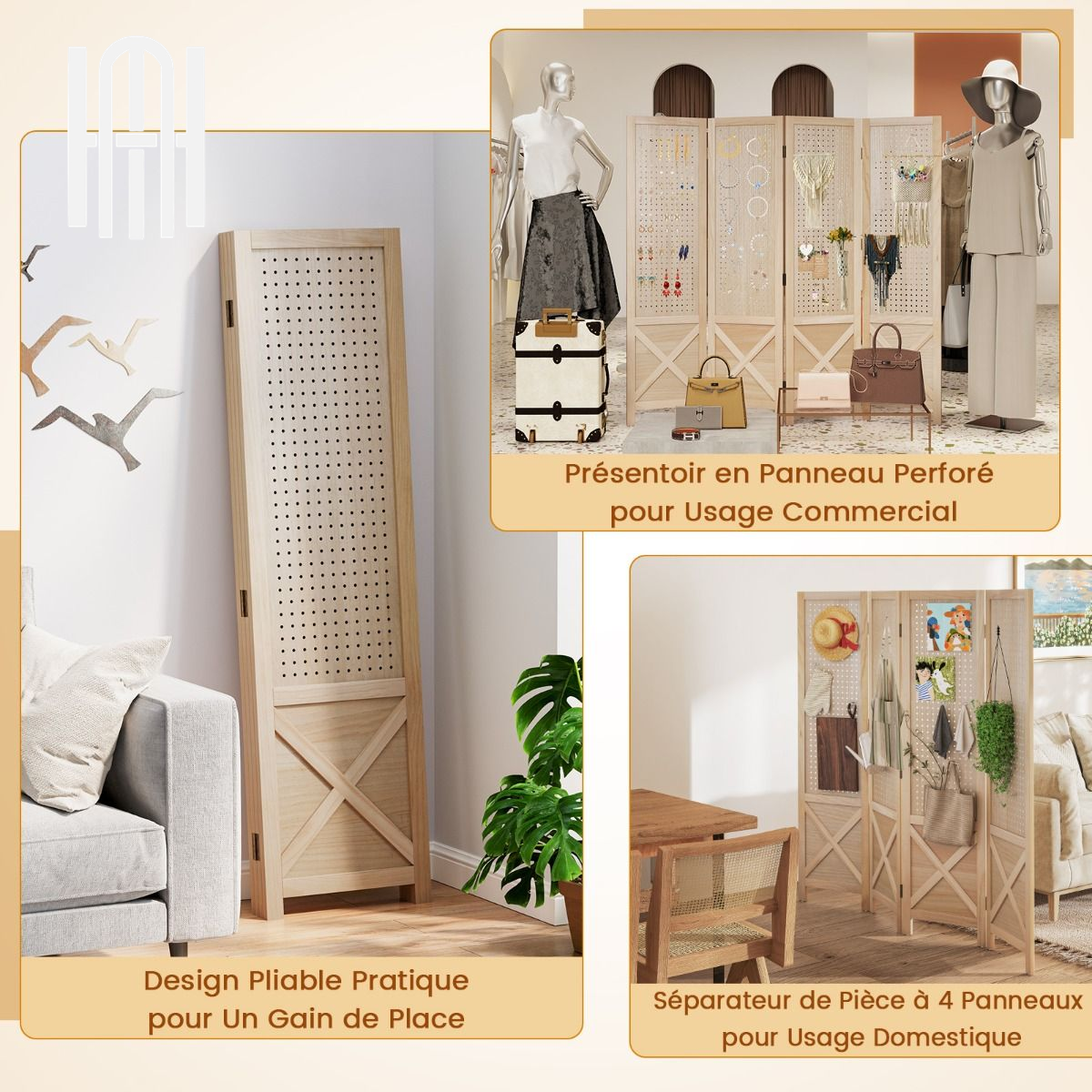 Séparateur Pliable Prestige 4 Panneaux en Bois Massif
