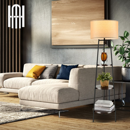 Lampadaire Moderne 3 Étagères avec Abat-jour en Lin