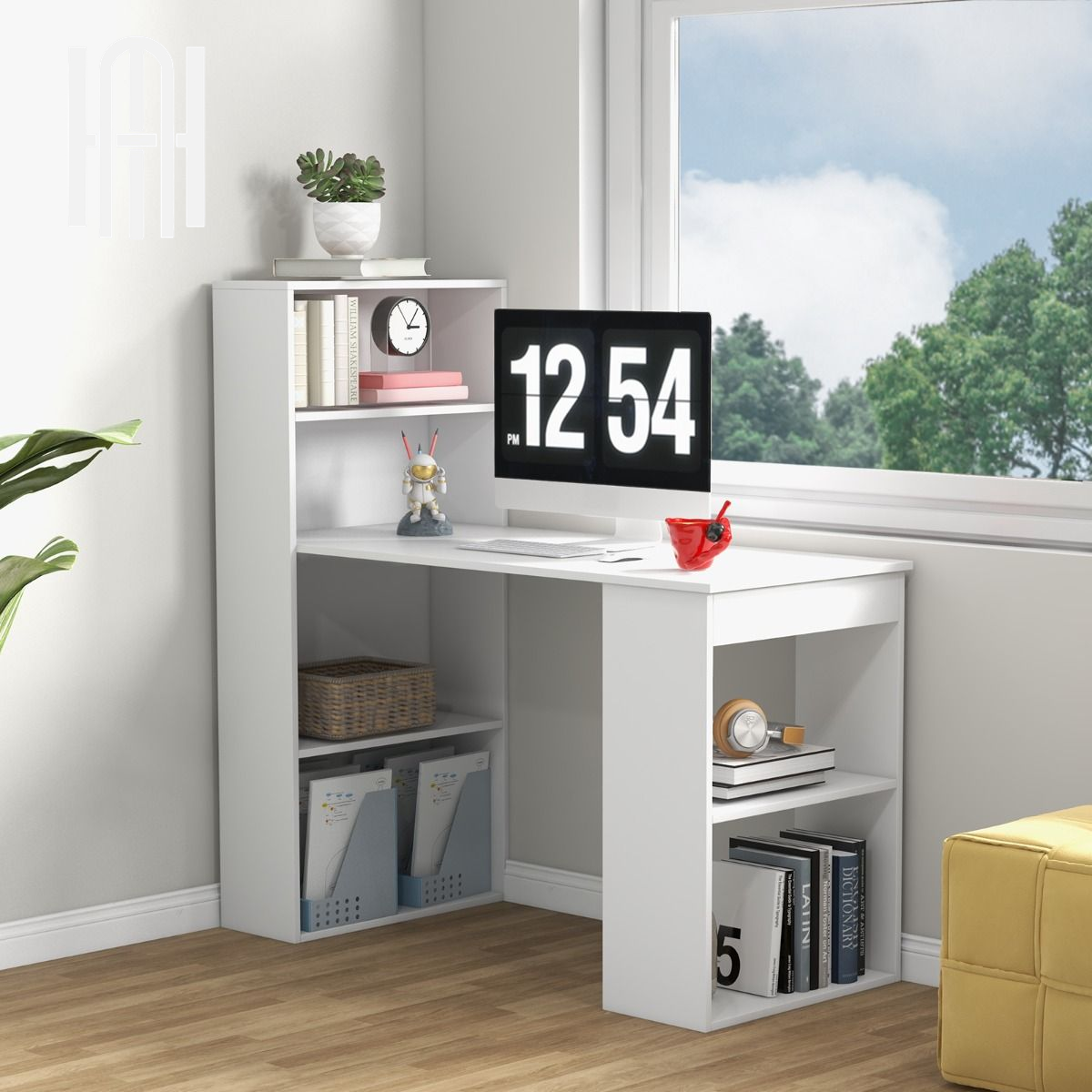 Bureau Réversible Moderne avec Étagères Intégrées à 6 Niveaux