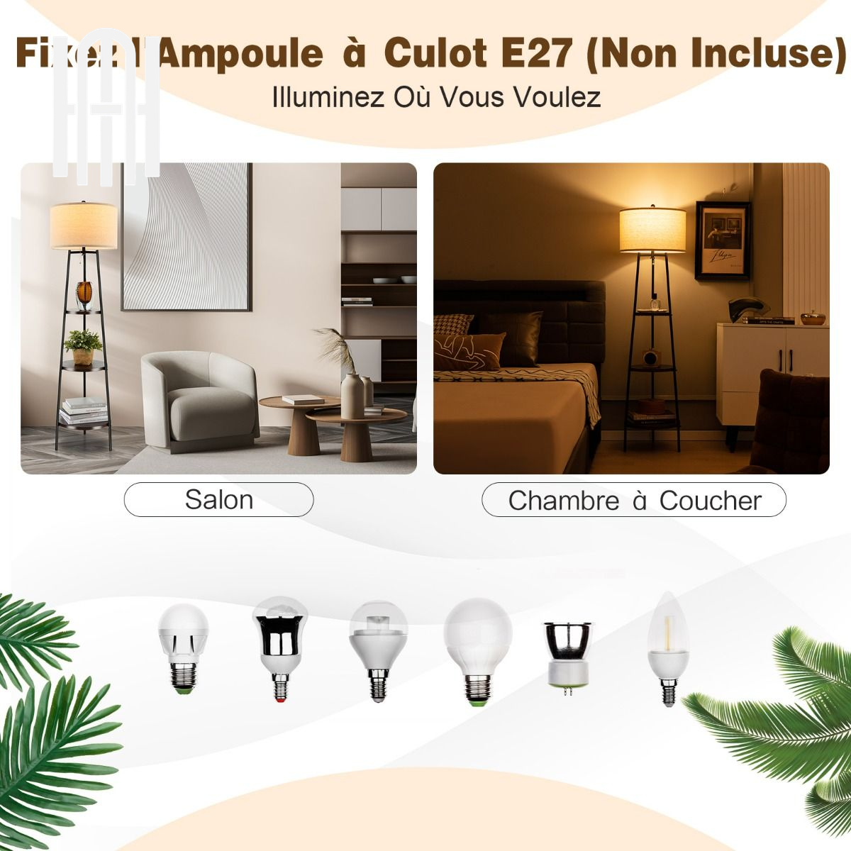 Lampadaire Moderne 3 Étagères avec Abat-jour en Lin