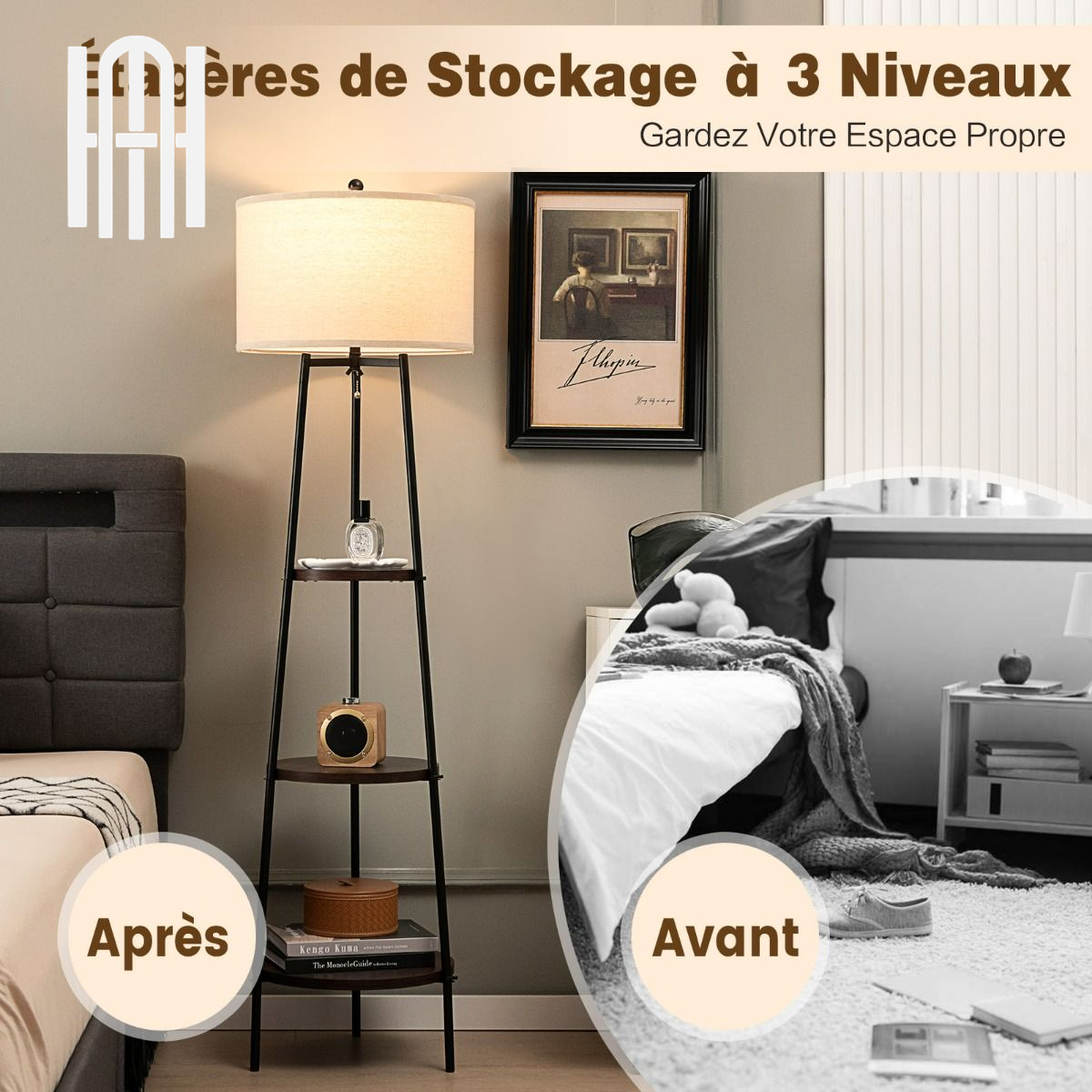 Lampadaire Moderne 3 Étagères avec Abat-jour en Lin