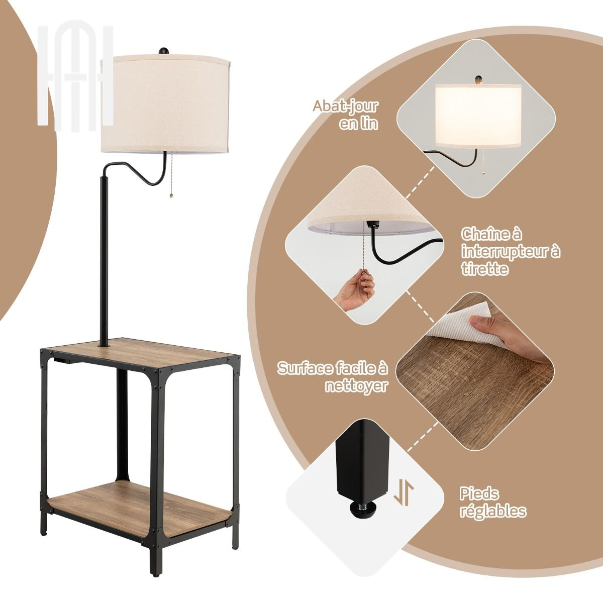 Lampadaire LED 2-en-1 avec Table d’Appoint & Étagères