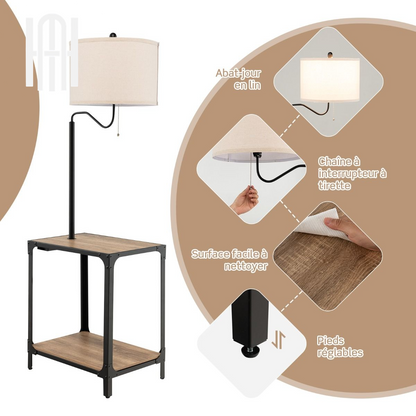 Lampadaire LED 2-en-1 avec Table d’Appoint & Étagères