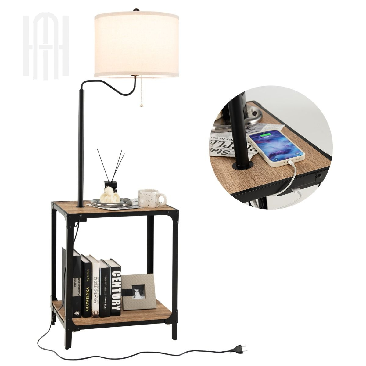 Lampadaire LED 2-en-1 avec Table d’Appoint & Étagères