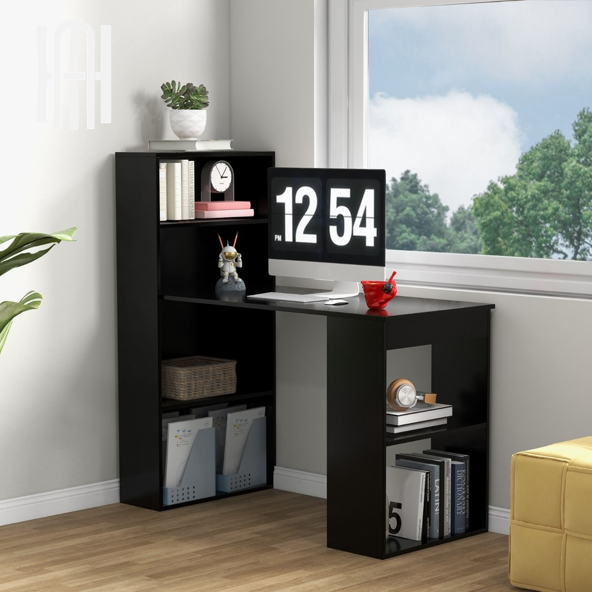 Bureau Réversible Moderne avec Étagères Intégrées à 6 Niveaux