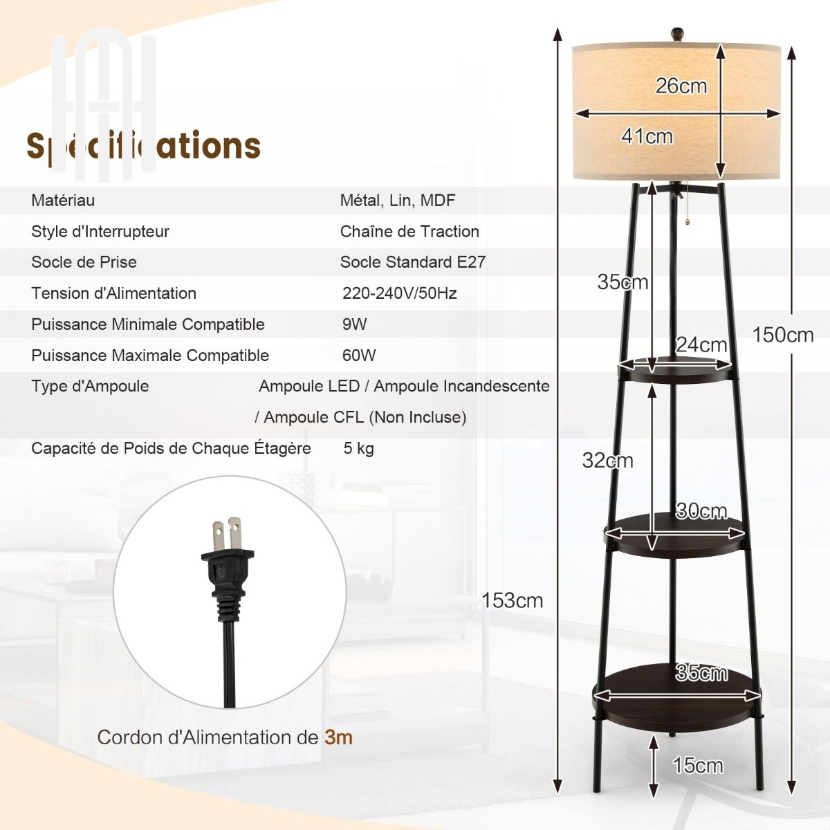 Lampadaire Moderne 3 Étagères avec Abat-jour en Lin