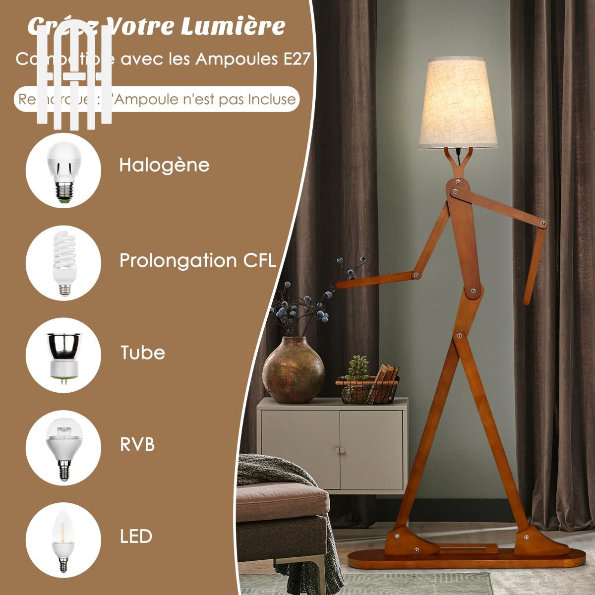Lampadaire Humanoïde Créatif en Bois