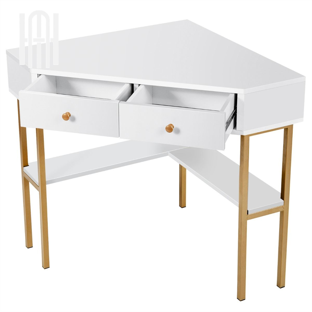 Bureau d’Angle Élégant avec 2 Tiroirs & Étagères