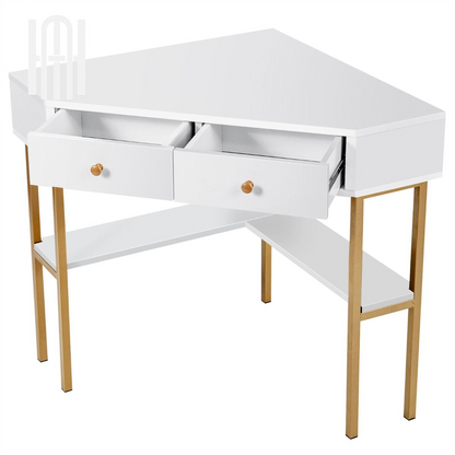 Bureau d’Angle Élégant avec 2 Tiroirs & Étagères