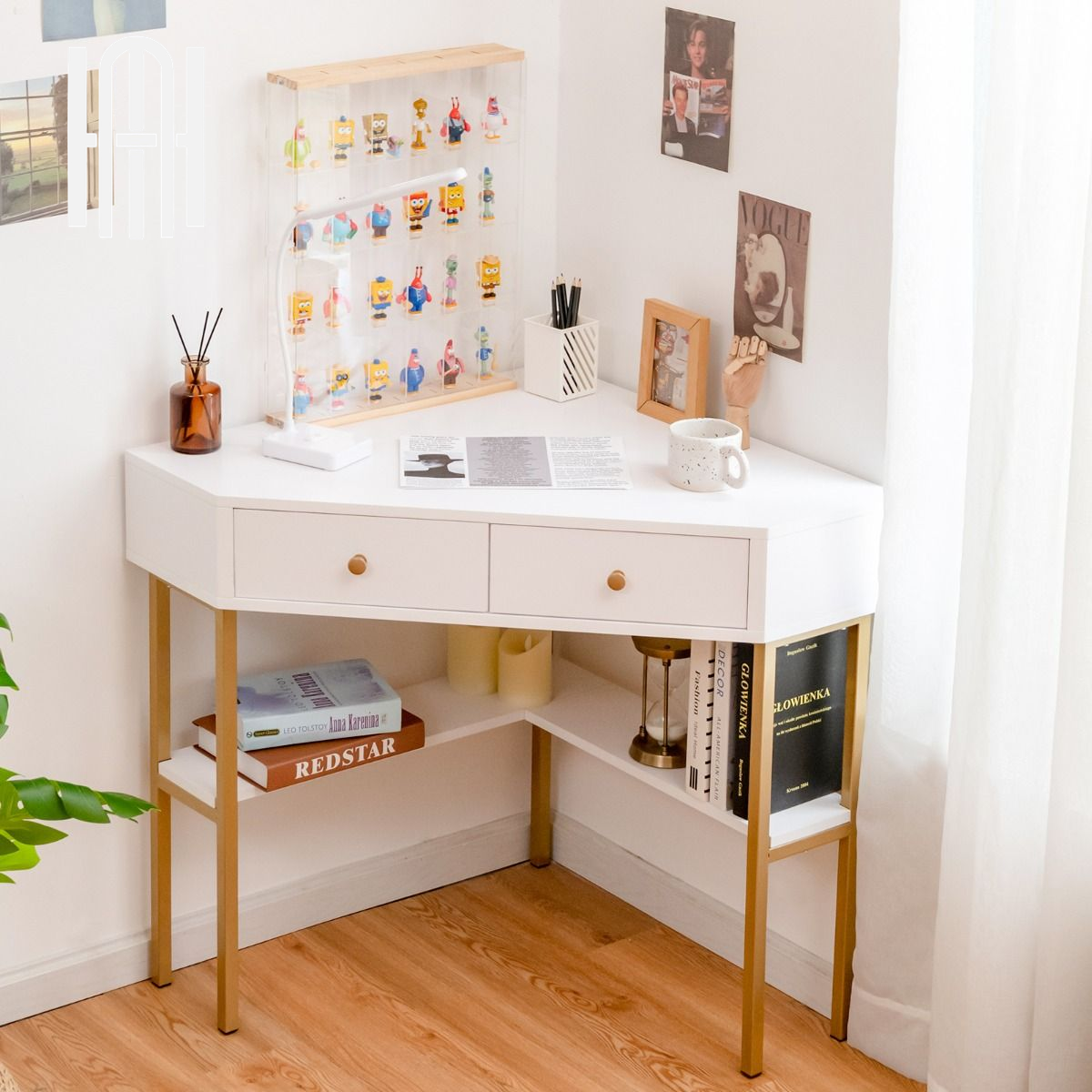 Bureau d’Angle Élégant avec 2 Tiroirs & Étagères