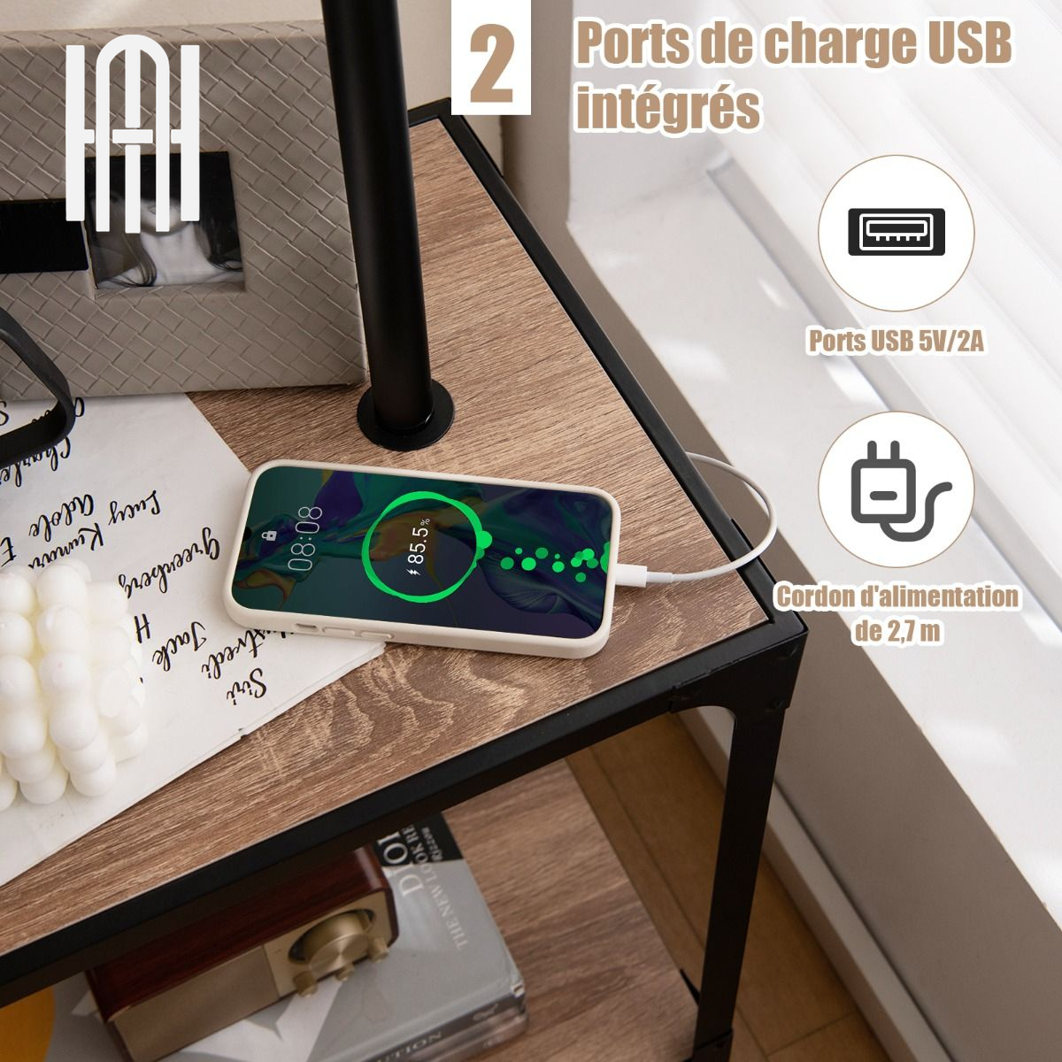 Lampadaire LED 2-en-1 avec Table d’Appoint & Étagères