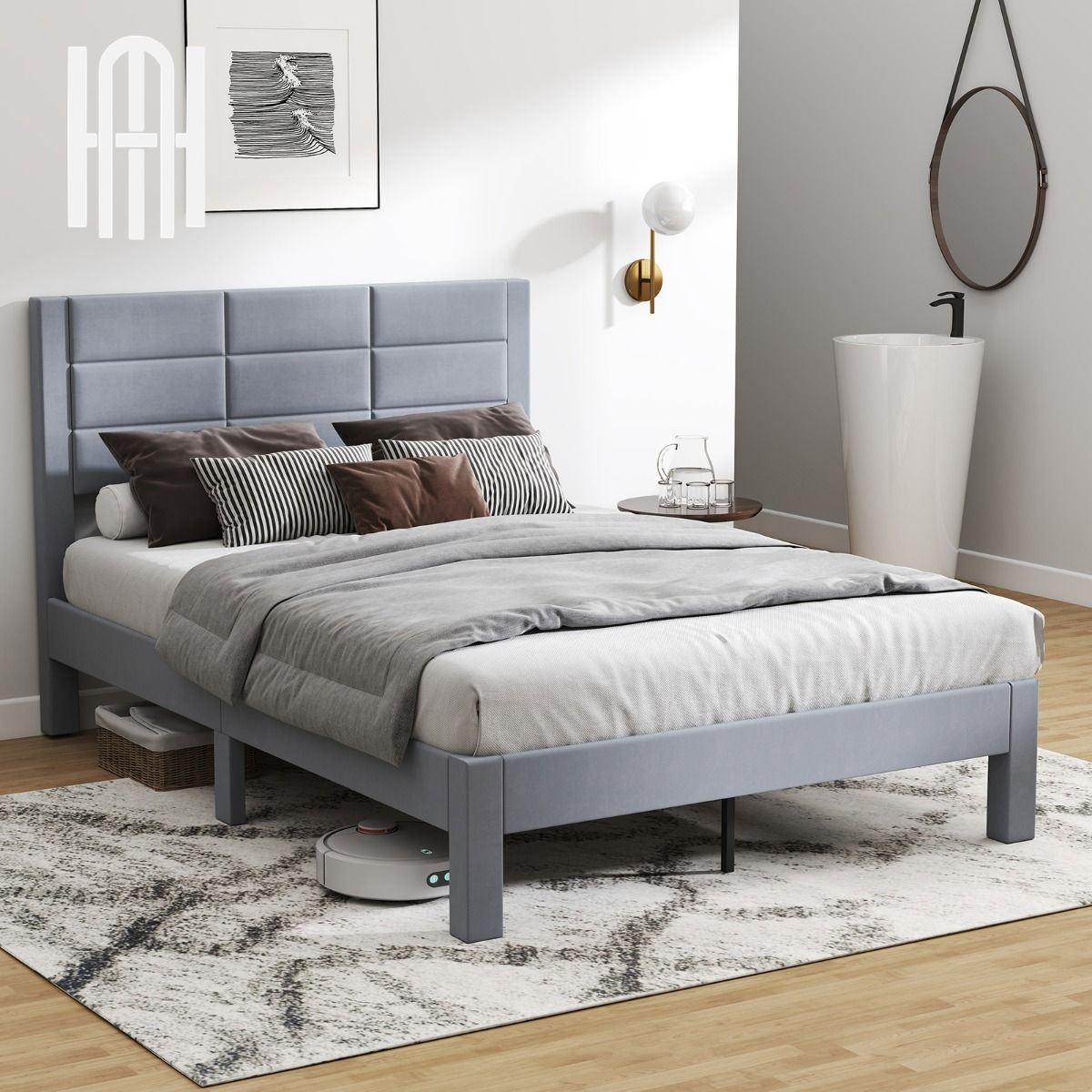 Lit Double Rembourré en Velours 200x140 cm avec Rangement et Pieds Robust