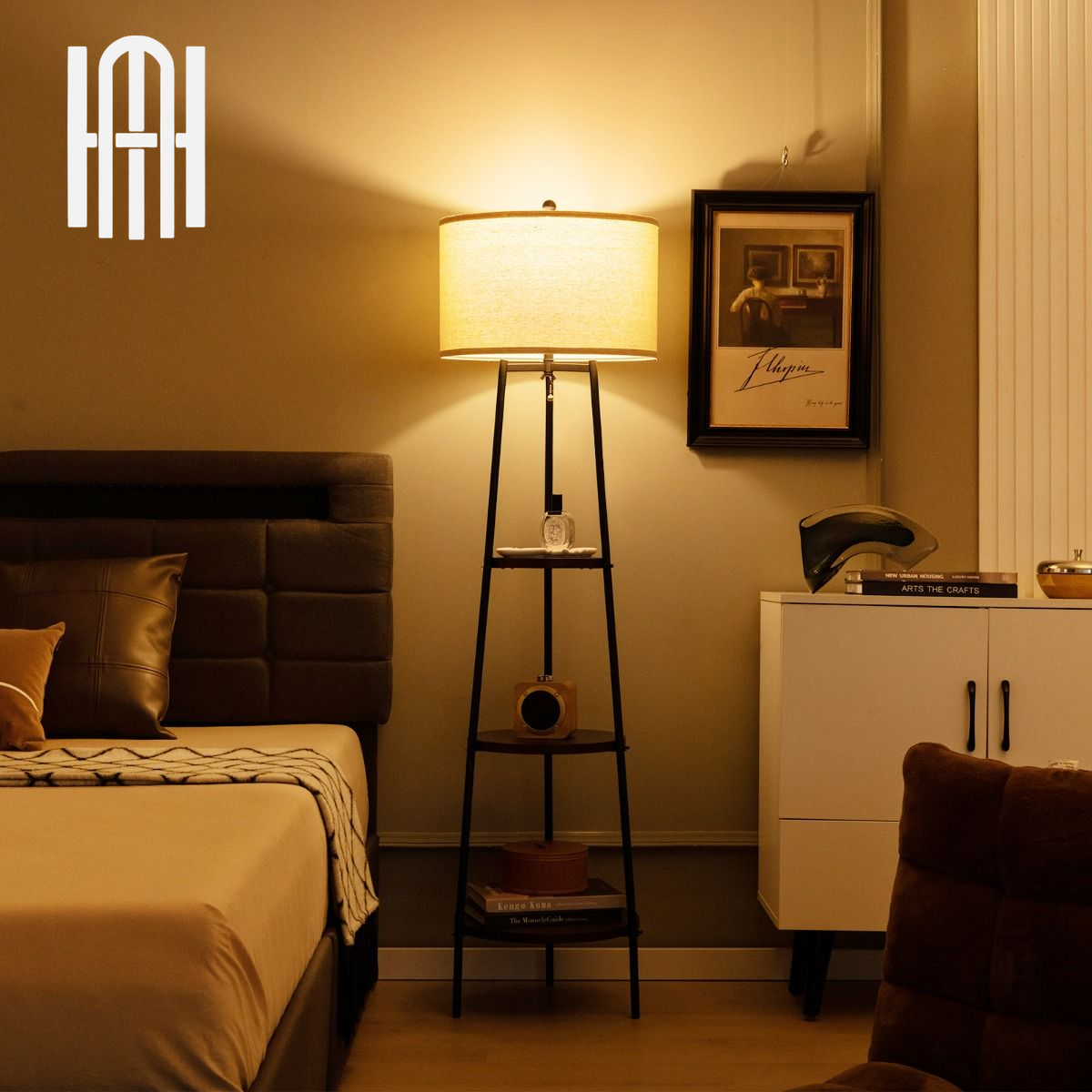 Lampadaire Moderne 3 Étagères avec Abat-jour en Lin