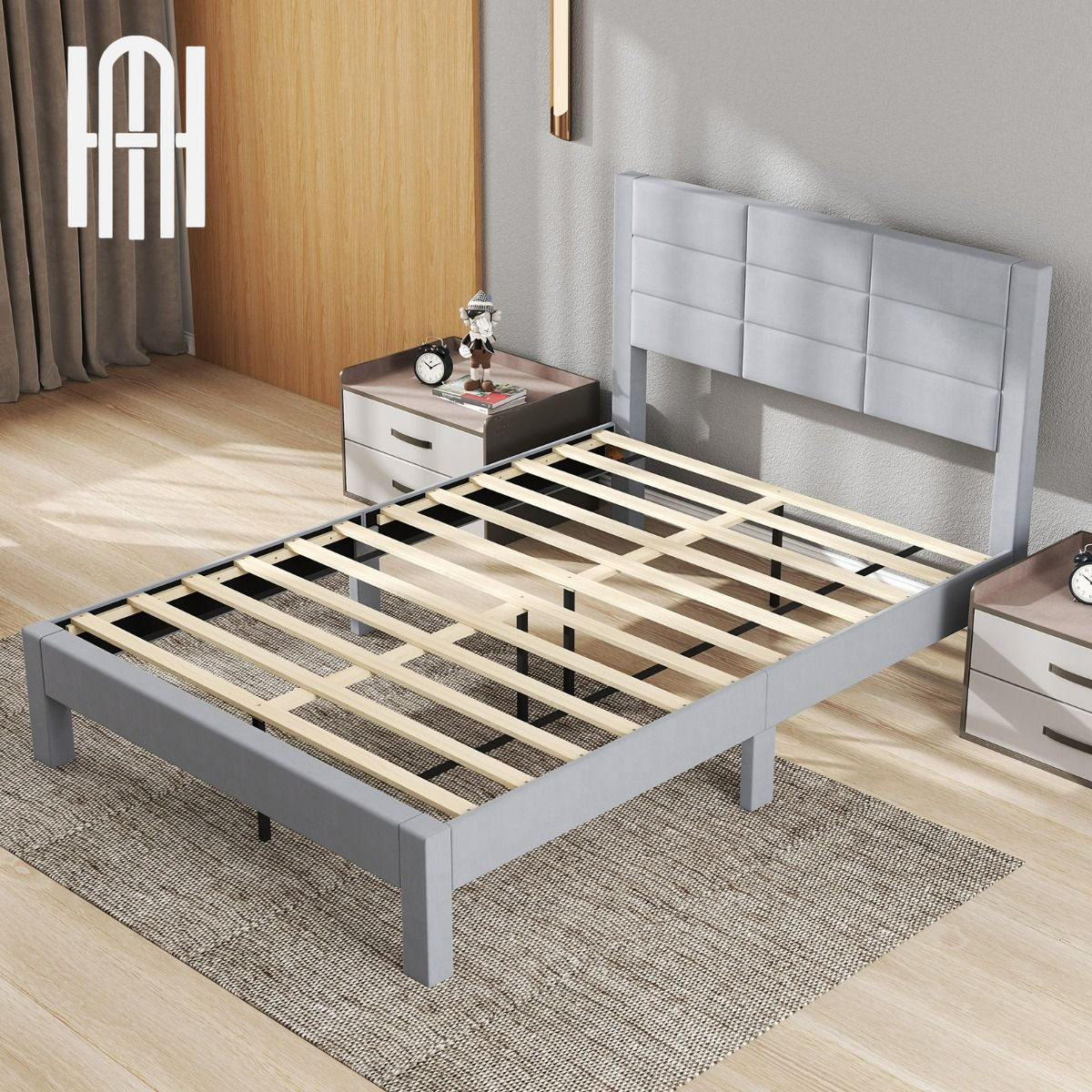 Lit Double Rembourré en Velours 200x140 cm avec Rangement et Pieds Robust
