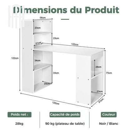 Bureau Réversible Moderne avec Étagères Intégrées à 6 Niveaux