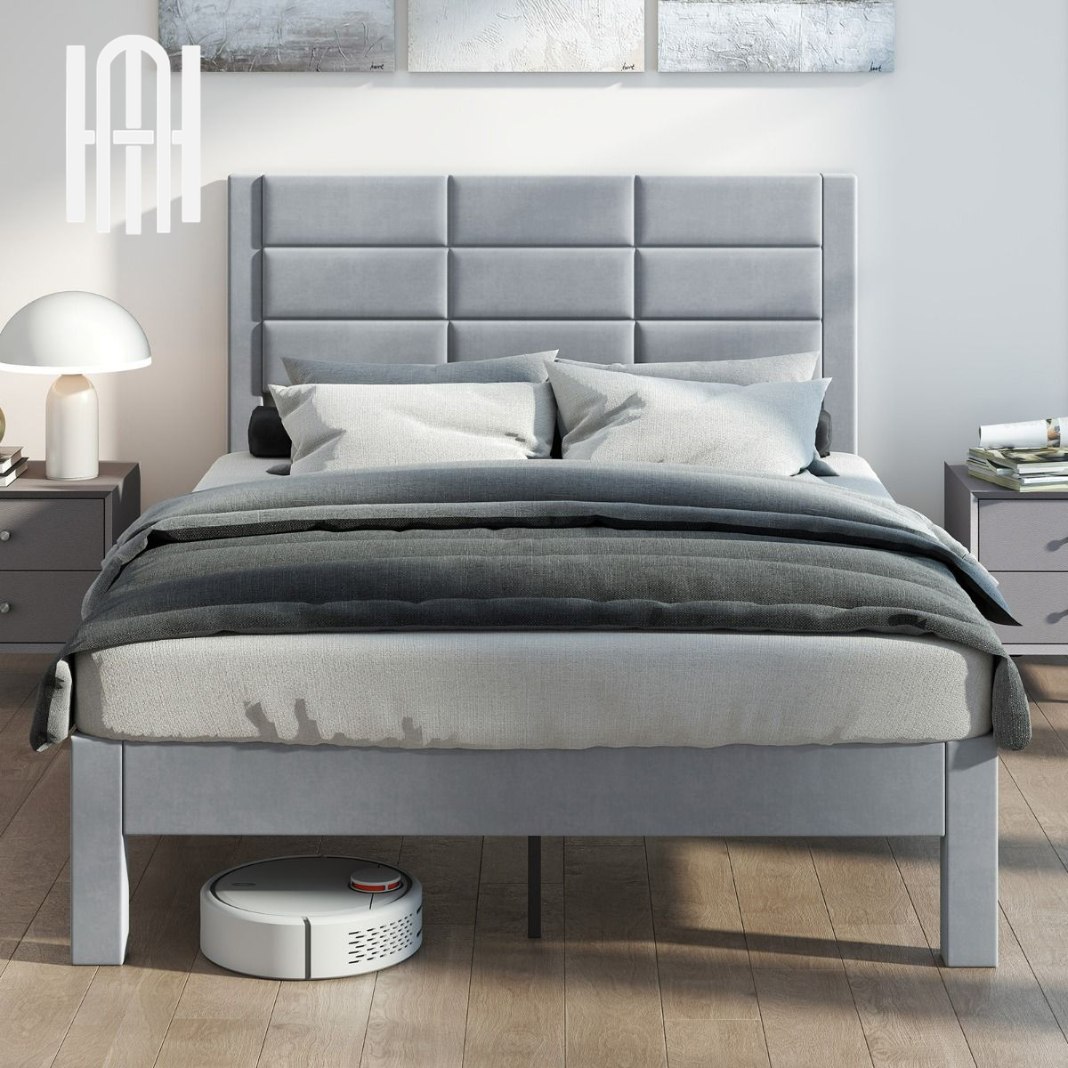 Lit Double Rembourré en Velours 200x140 cm avec Rangement et Pieds Robust