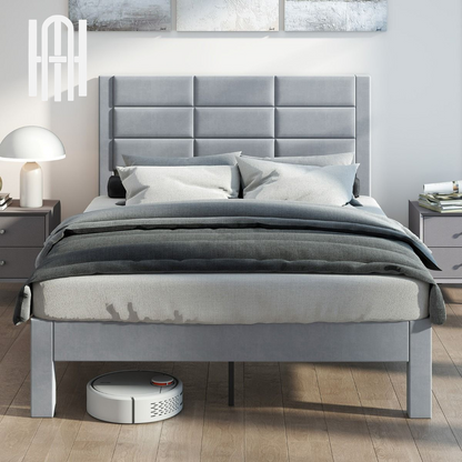 Lit Double Rembourré en Velours 200x140 cm avec Rangement et Pieds Robust