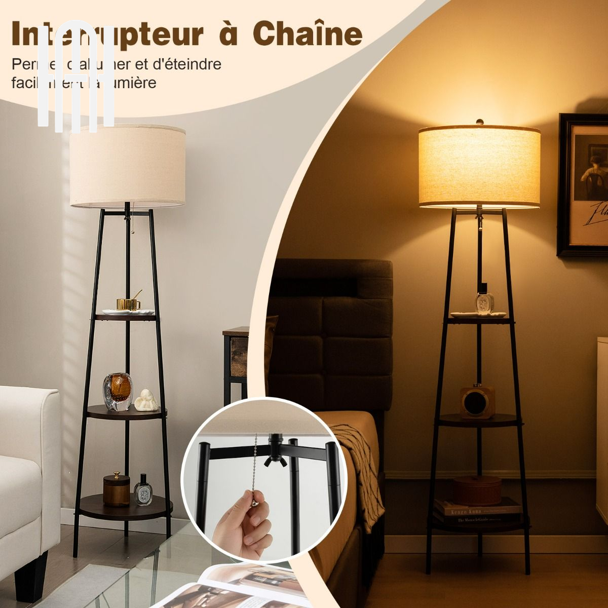 Lampadaire Moderne 3 Étagères avec Abat-jour en Lin