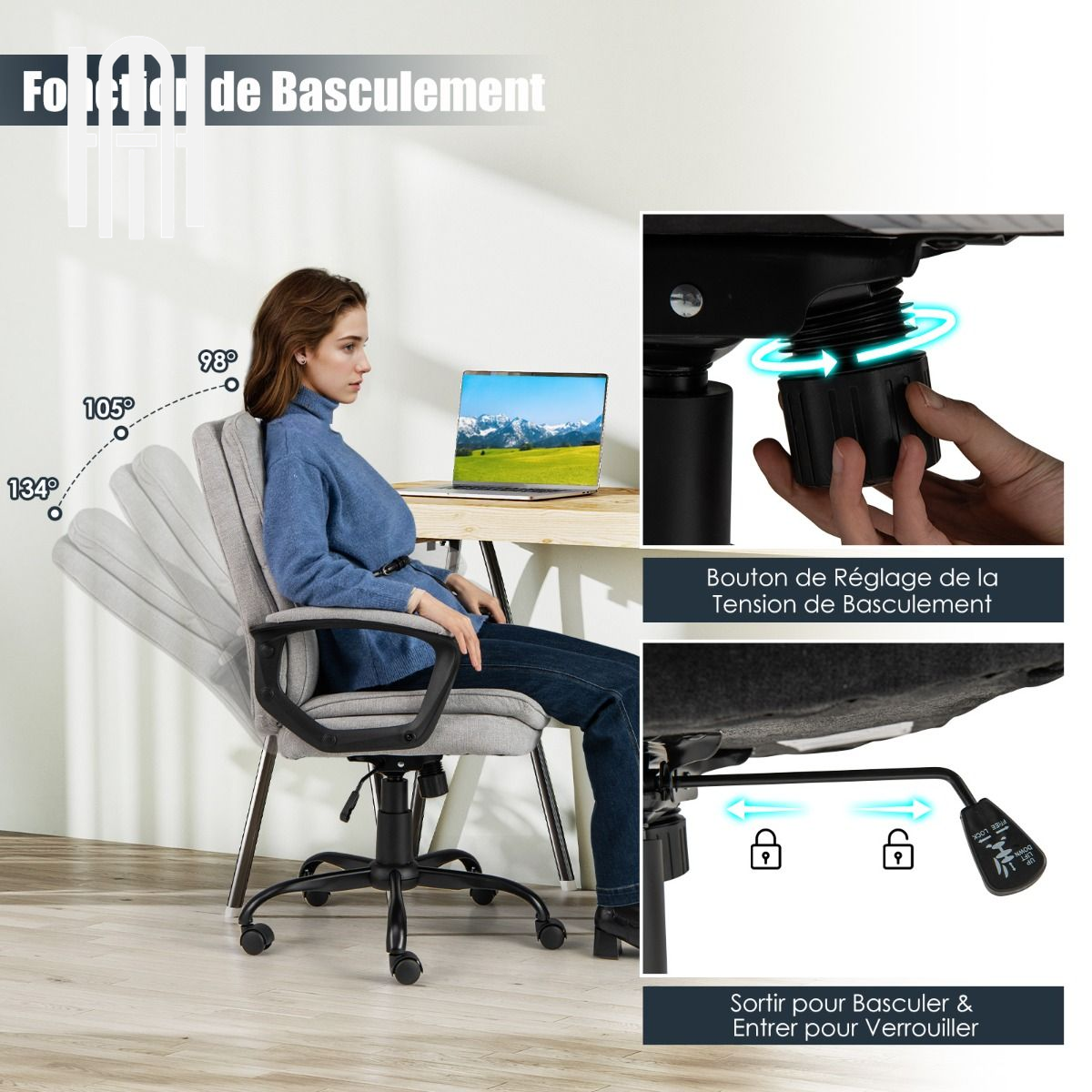 Chaise de Bureau Ergonomique en Velours Gris