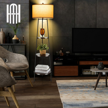 Lampadaire Moderne 3 Étagères avec Abat-jour en Lin