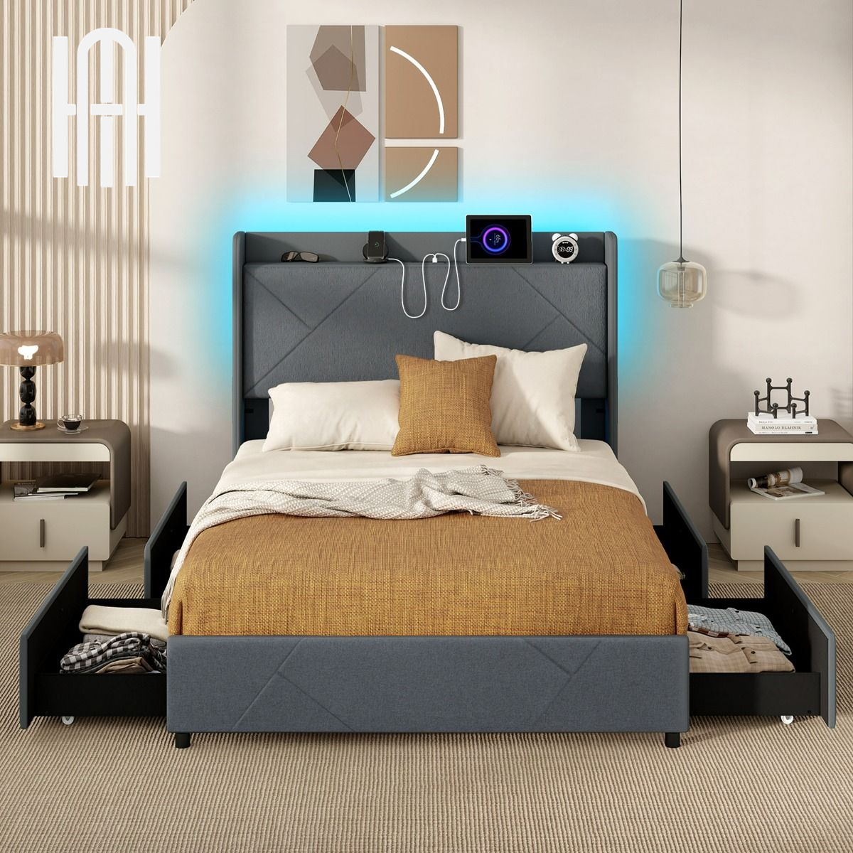 Lit 140x200 LED avec Rangement Intégré