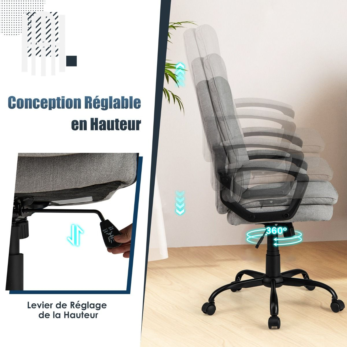 Chaise de Bureau Ergonomique en Velours Gris