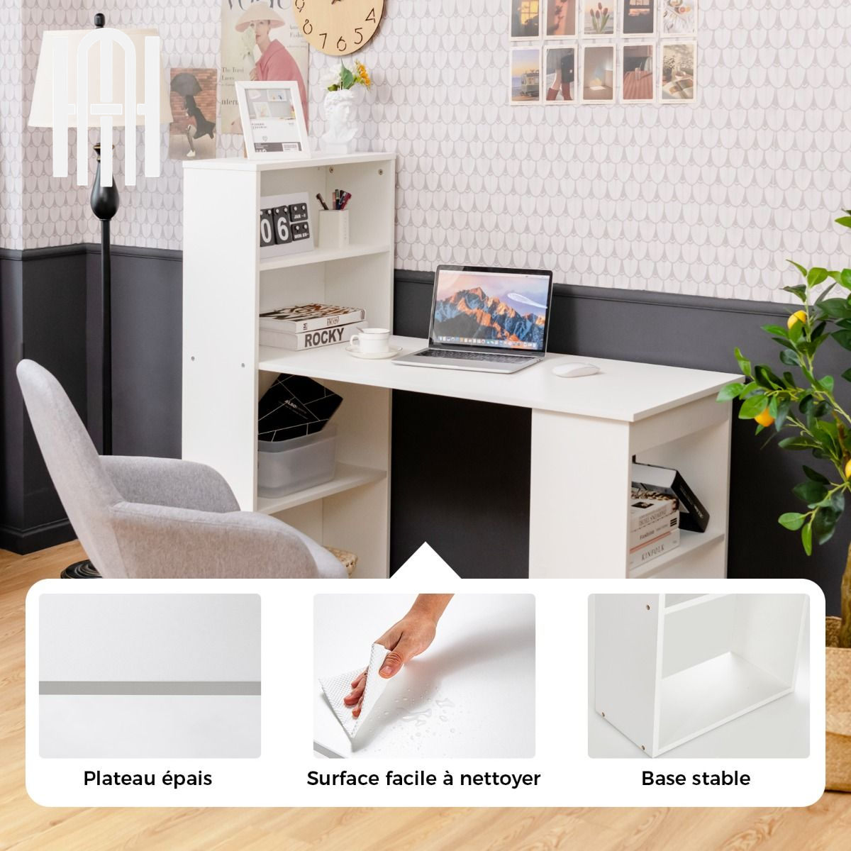 Bureau Réversible Moderne avec Étagères Intégrées à 6 Niveaux