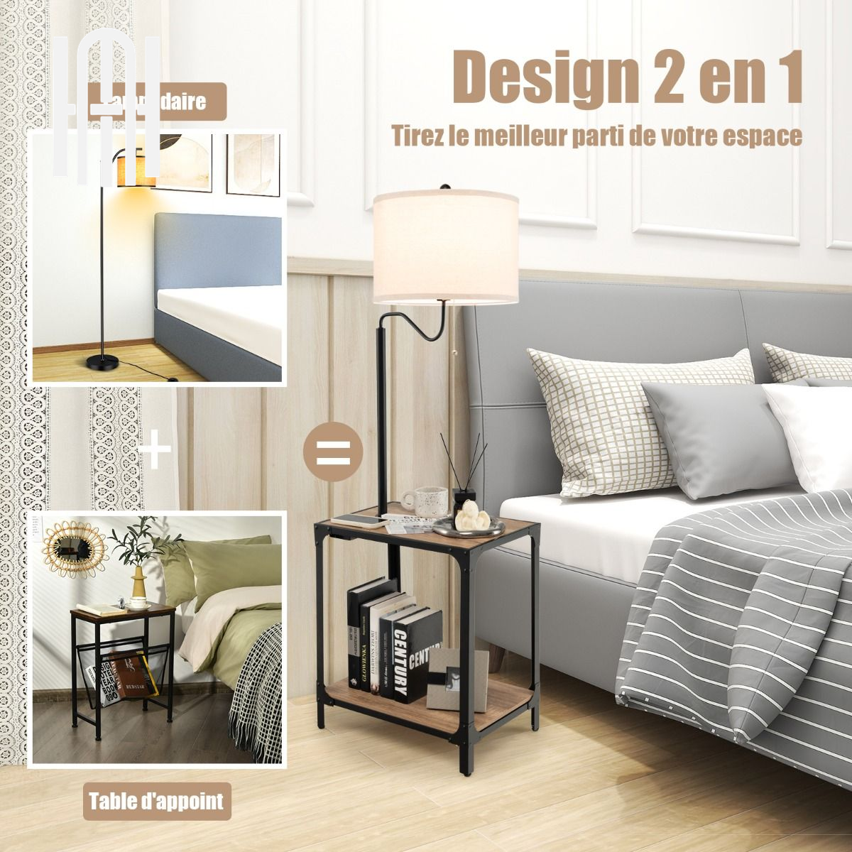 Lampadaire LED 2-en-1 avec Table d’Appoint & Étagères