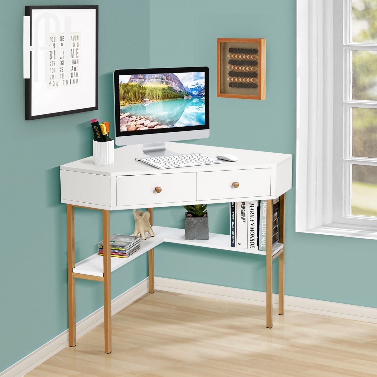 Bureau d’Angle Élégant avec 2 Tiroirs & Étagères