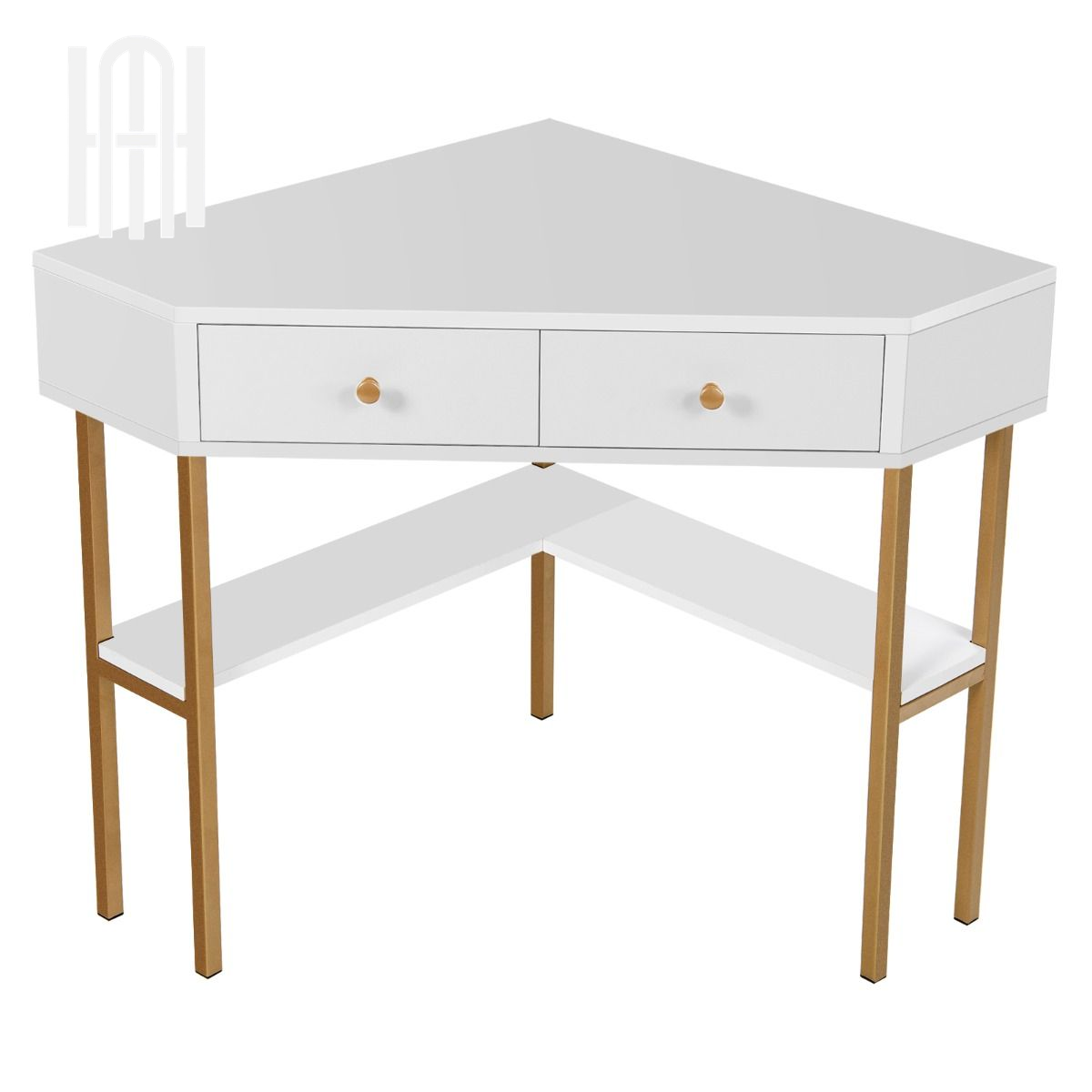 Bureau d’Angle Élégant avec 2 Tiroirs & Étagères